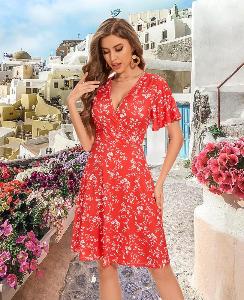 Women Casual Summer Dress 2025 Beach Vacation Floral Sundress Short Sleeve Wrap V-Neck Modest Dre... | Amazon (US)