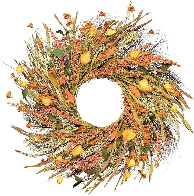 Artiflr 22 Inch Fall Wreath Decoration - Autumn Door Wreath Harvest Wreath with Artificial Wheat ... | Amazon (US)