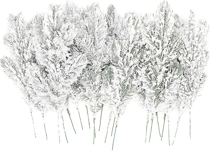 24Pcs Snowy Artificial Pine Needles Branches Twigs 10.6" Fake Frosted Pine Picks Greenery Stems C... | Amazon (US)