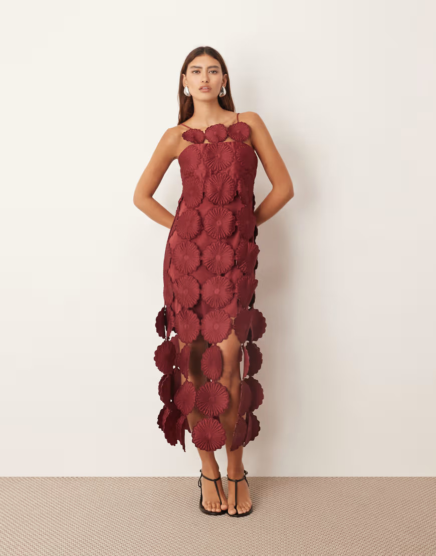 ARRANGE cutwork floral midi dress with fringe hem in burgundy-Red | ASOS (Global)