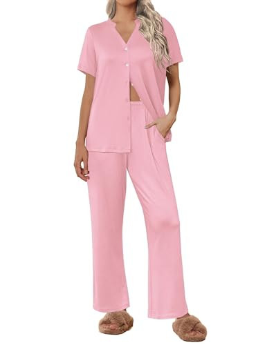 Ekouaer Women Pajamas Set Button Up Pj Sets Short Sleeve Sleepwear with Long Pants Soft Loungewear Pink M | Amazon (US)