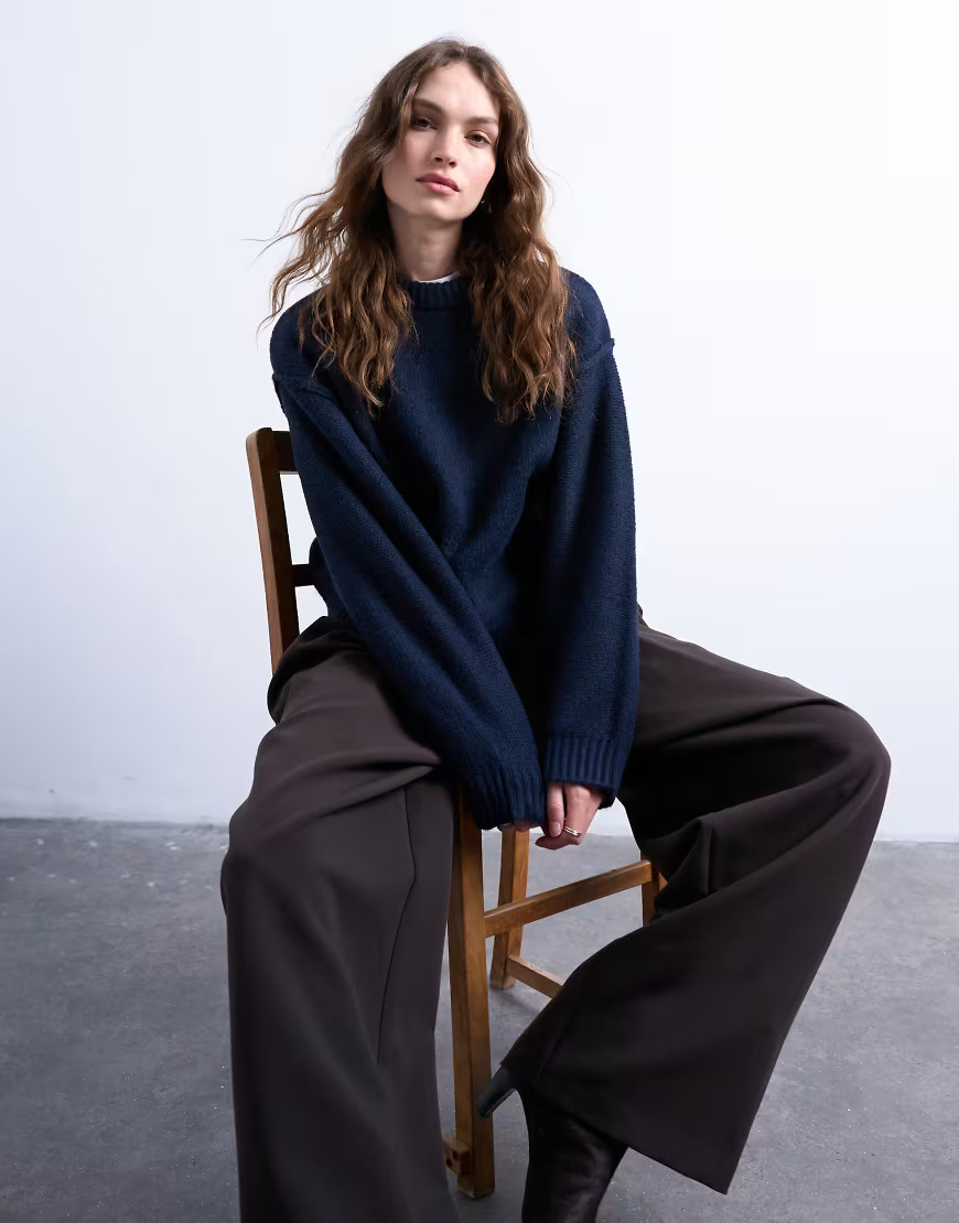 Topshop knitted boxy wide sleeve mid crew jumper in Navy-Blue | ASOS (Global)