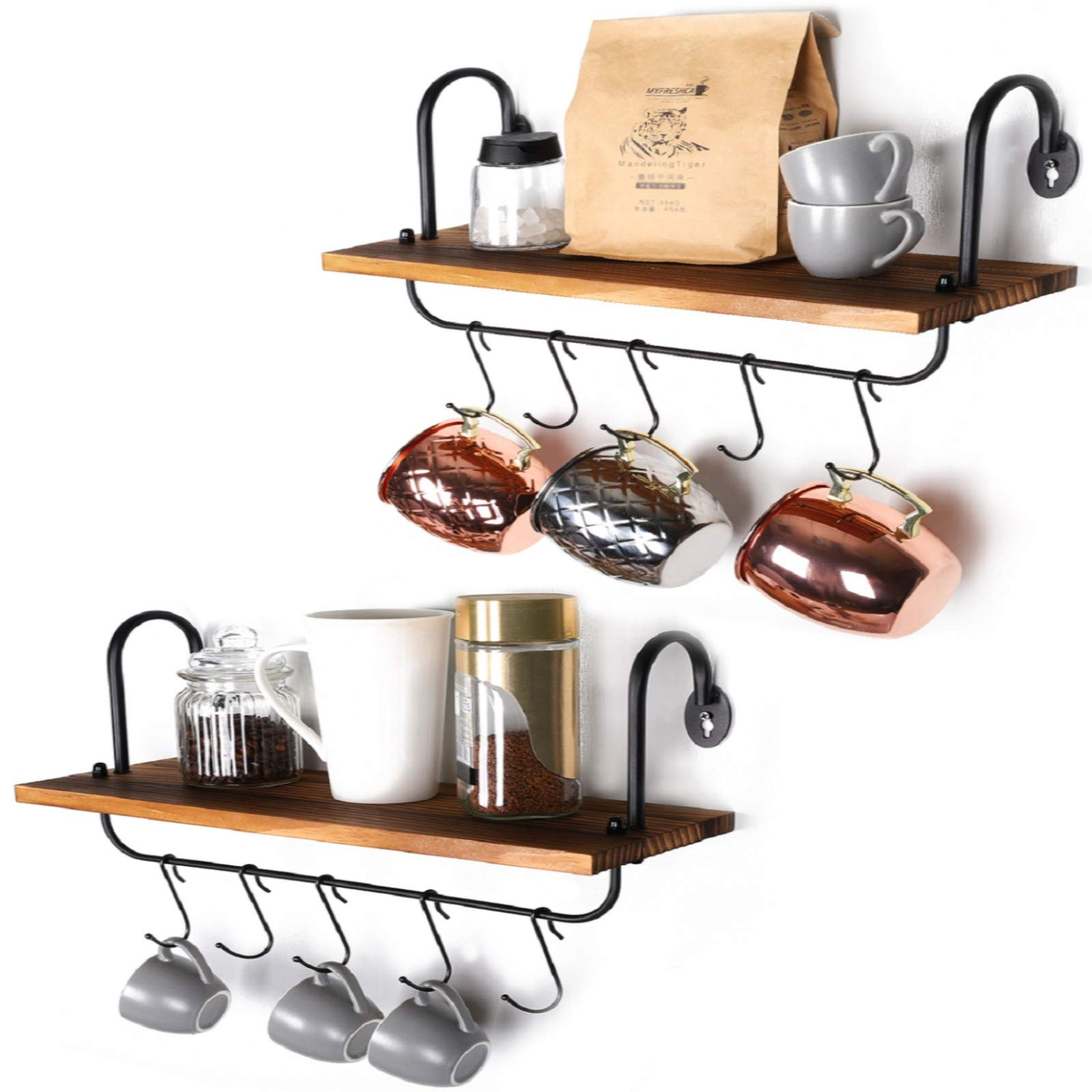 Olakee Floating Wall Shelves for Kitchen Bathroom Coffee Nook with 10 Adjustable Hooks for Mugs Cook | Amazon (US)