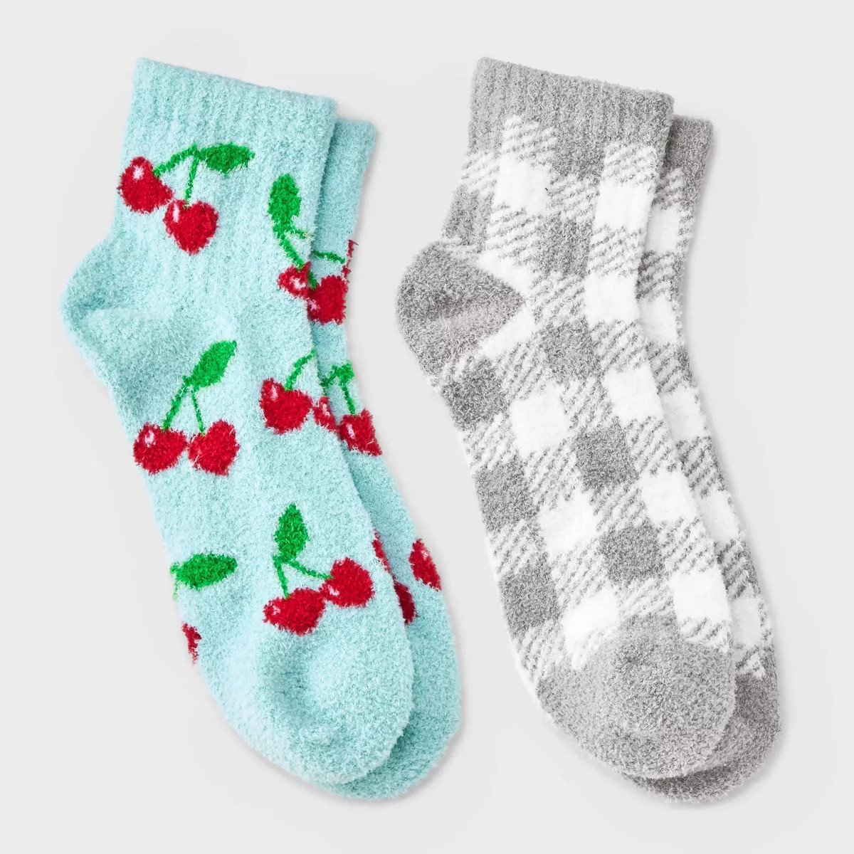 Women's Cherries & Gingham Plaid 2pk Cozy Quarter Crew Socks - Aqua/Gray 4-10 | Target