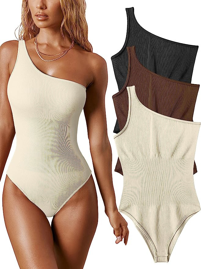 OQQ Women's 3 Piece Bodysuits Sexy Ribbed One Shoulder Sleeveless Exercise Bodysuits | Amazon (US)