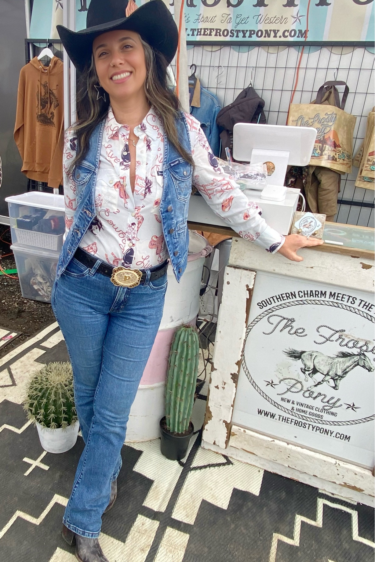 Rodeo outfit Wrangler style - final day of the  @cloverdalerodeo.  Hanging out with the ladies at the @thefrostypony 

Shirt XS | Jeans 25| | Vest S | Boots 7



#LTKFestival #LTKSaleAlert #LTKStyleTip
