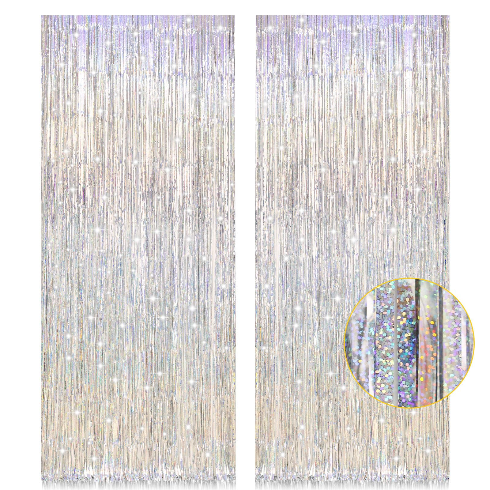 2 Pack 3.2ft x 8.2ft Silver Metallic Tinsel Foil Fringe Curtains, Door Streamer Photo Booth Backd... | Amazon (US)