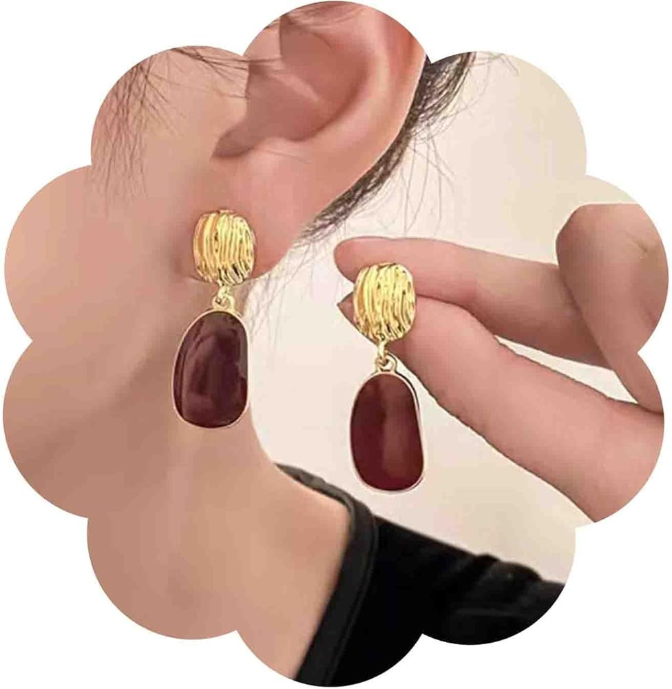 Vintage Oval Enamel Burgundy Earrings Enamel Red Dangle Earrings Gold Hammered Disc Stud Earrings... | Amazon (US)