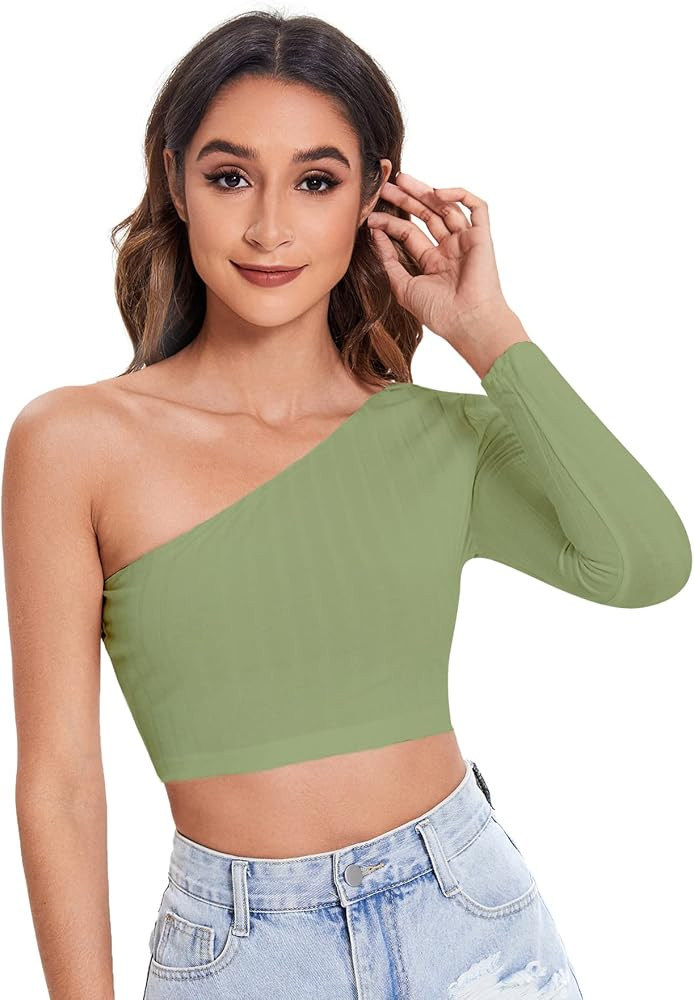 Romwe Women's Basic One Shoulder Long Sleeve Ribbed Knit Slim Fit Crop Top Tee T Shirt | Amazon (US)