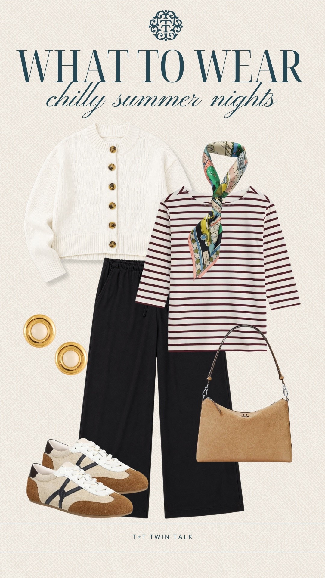 T+T, what to wear on this chilly summer nights! These pants from Target are our favorite and we paired them with a boat neck striped top and fun patterned silk scarf! Adding a cardigan for when you need an extra layer!

#LTKootd #LTKgrwm #LTKdayinmylife