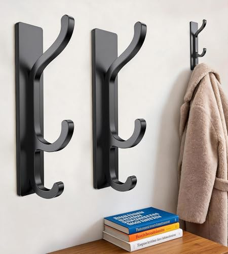 CHAUNCEY HOME 2 Pack Adhesive Wall Hook for Hanging, 30 lbs Super Sticky & Heavy Duty Coat/Towel Hook for Bathroom, Hanging Bags Towels Clothes Hook for Walls No Damage, Patent Pending, Black | Amazon (US)