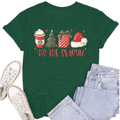 Christmas Shirts for Women Merry Merry Merry Christmas T-Shirt Xmas Holiday Tee Tops | Amazon (US)