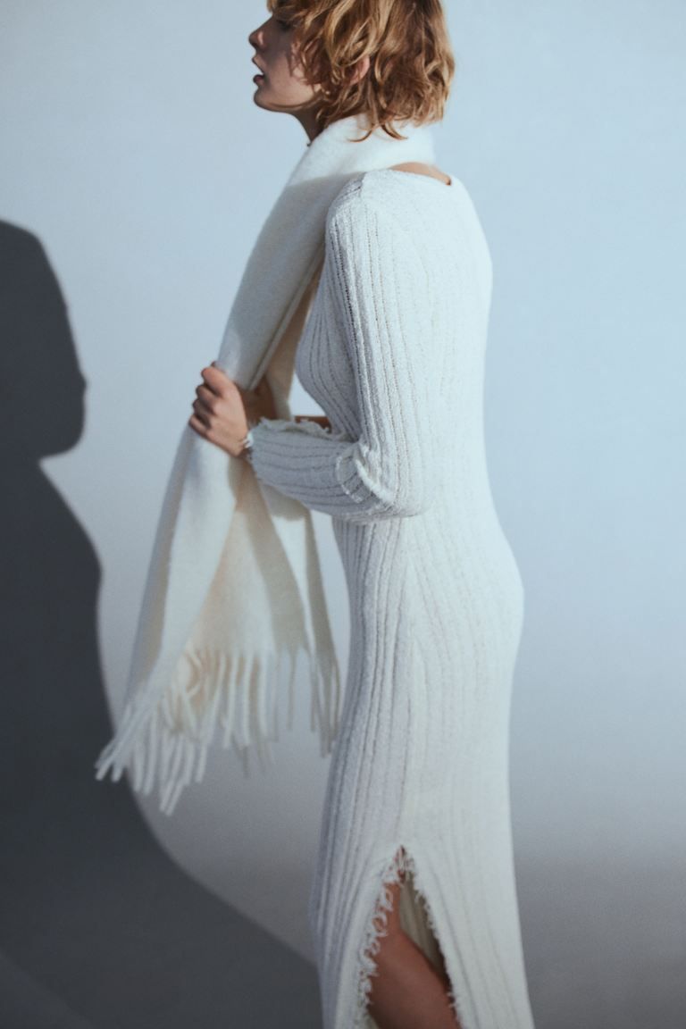 Frayed-edge Rib-knit Dress - Cream - Ladies | H&M US | H&M (US + CA)