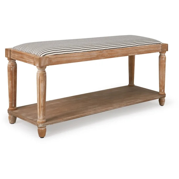Finch Graydon Farmhouse Upholstered Entryway Bench with Storage Shelf, Distressed Natural | Walmart (US)
