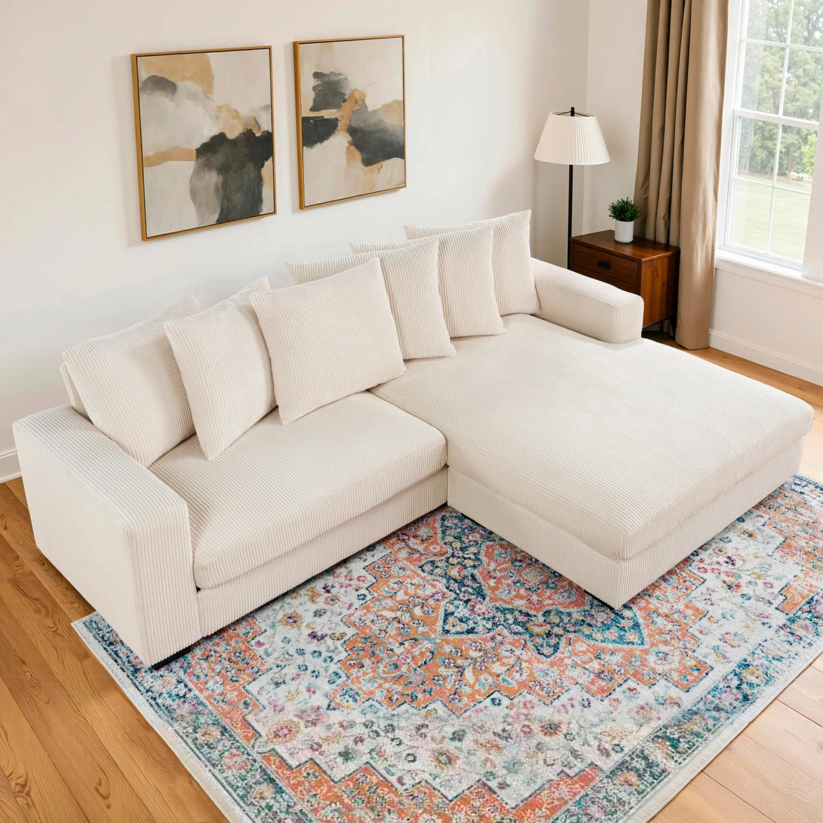 102" L-Shaped Sectional Sofa with Deep Seats and Loose Back, Oversized Beige Corduroy Sofa | Wayfair North America