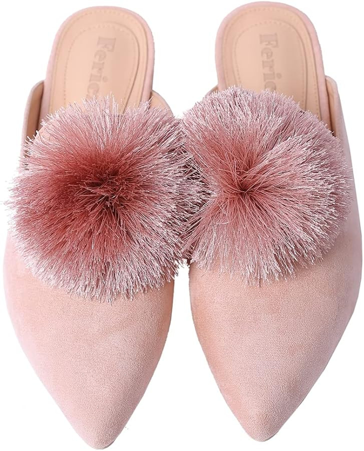 Fericzot Slip On Mule Backless Loafers Flats Puff Pompom Pointed Toe Casual Shoes Slippers | Amazon (US)