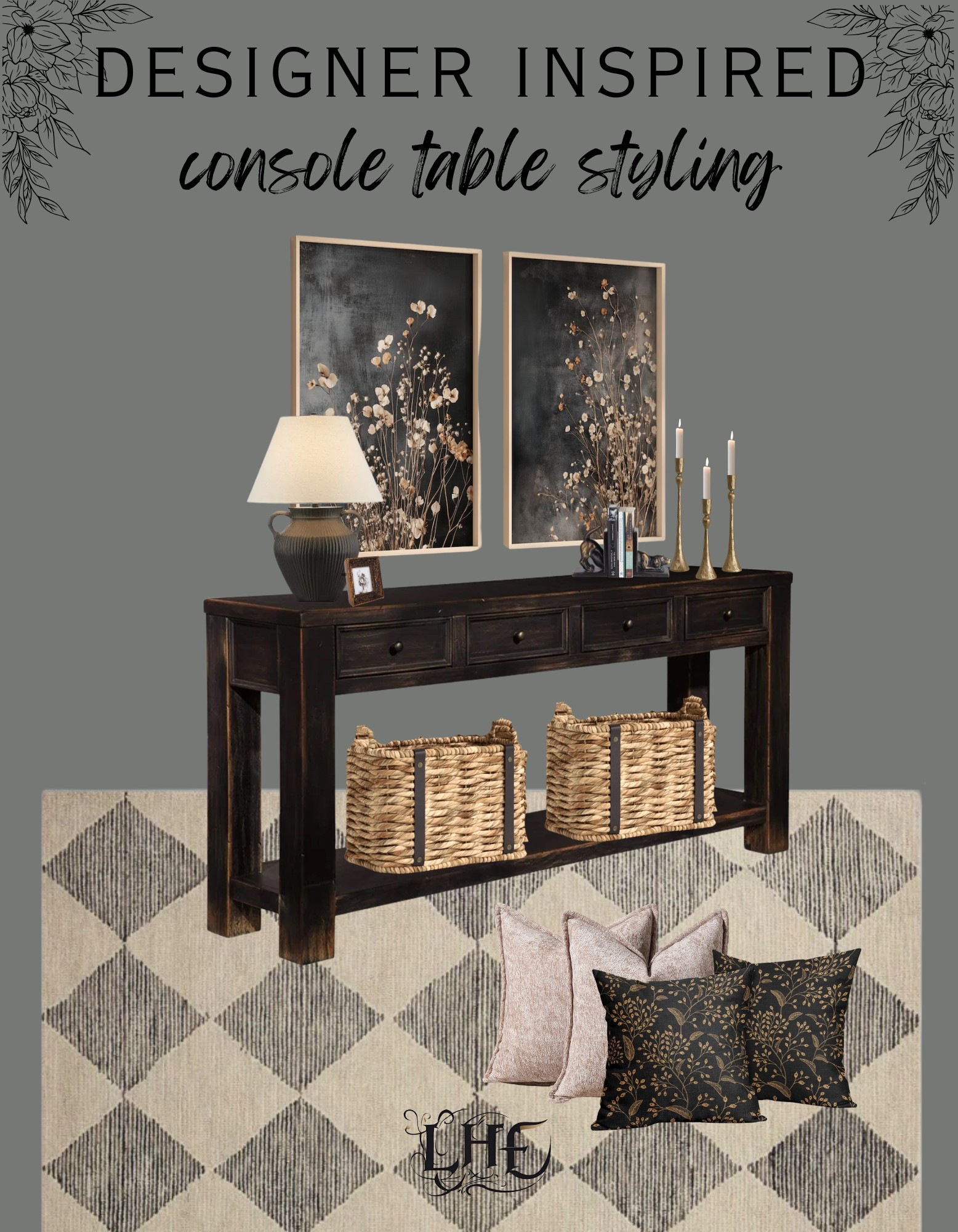 Console table styling decor and inspo. Shop by clicking the thumbnails below 👇. Console table, moody wall art, wall art, floral art, black console table, console table styling, affordable home decor, affordable decor, home decor, diamond rug, living room rug, rug, area rug, bedroom rug, taper candle holder, console table baskets, baskets, storage baskets, entryway table, entryway, table decor, entry table styling, entry rug

#LTKSaleAlert #LTKHome #LTKStyleTip