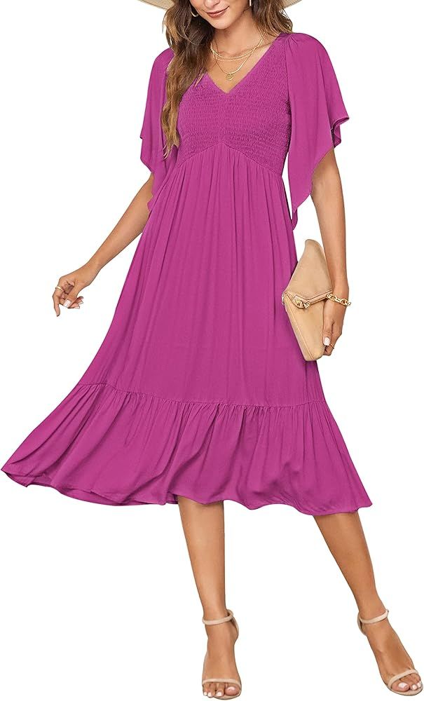 PYGFEMR Women's Summer Tiered Dress Smocked Flutter Short Sleeve V Neck Midi Dresses | Amazon (US)