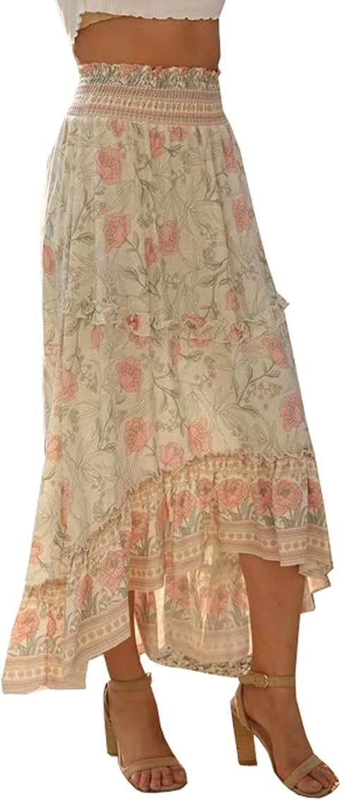 R.Vivimos Women's Floral Print Cotton Ruffled High Low Boho Midi Skirt | Amazon (US)