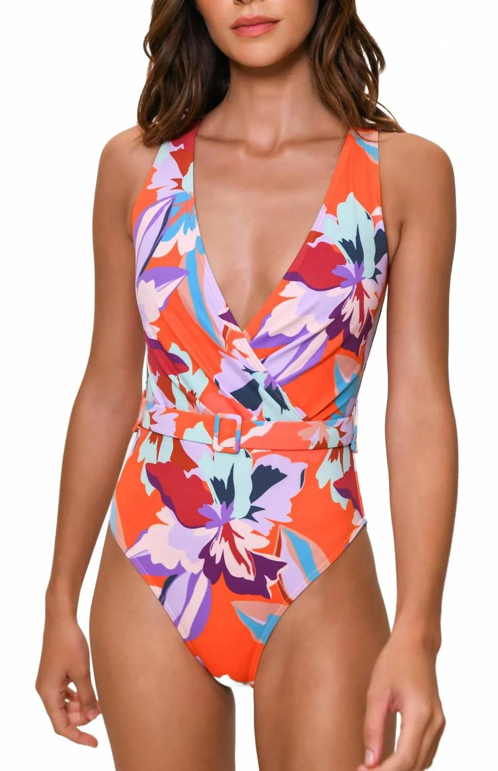 Meela Belted One Piece Swimsuit In Orange Abstract Floral | Shop Simon