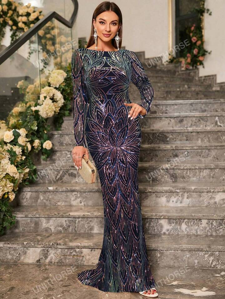 UNITHORSE Mermaid Hem Sequin Formal Dress Elegant Long Sleeve Prom Evening Wedding Guest Gown, Fo... | SHEIN