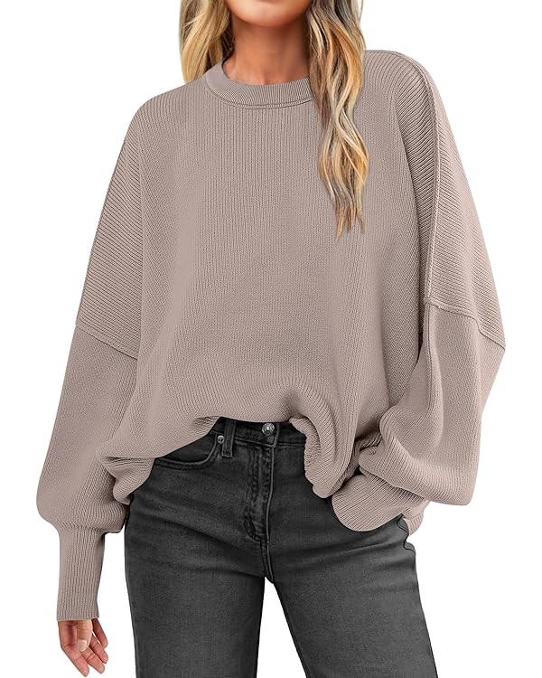 LOGENE Women's Oversized Batwing Long Sleeve Crewneck Side Slit Ribbed Knit Pullover Sweater Tops | Amazon (US)