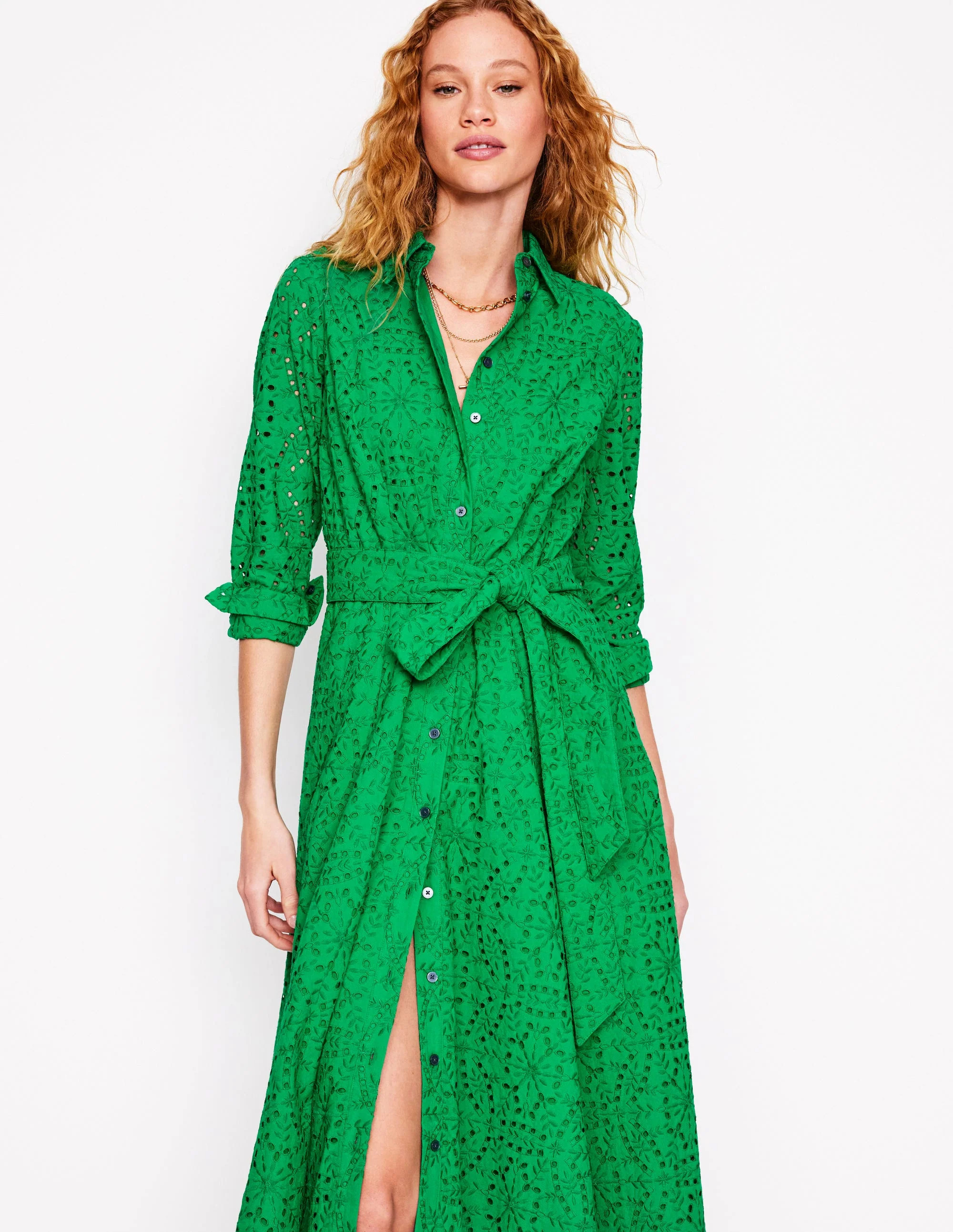 Amy Broderie Midi Shirt Dress-Rich Emerald | Boden (US)
