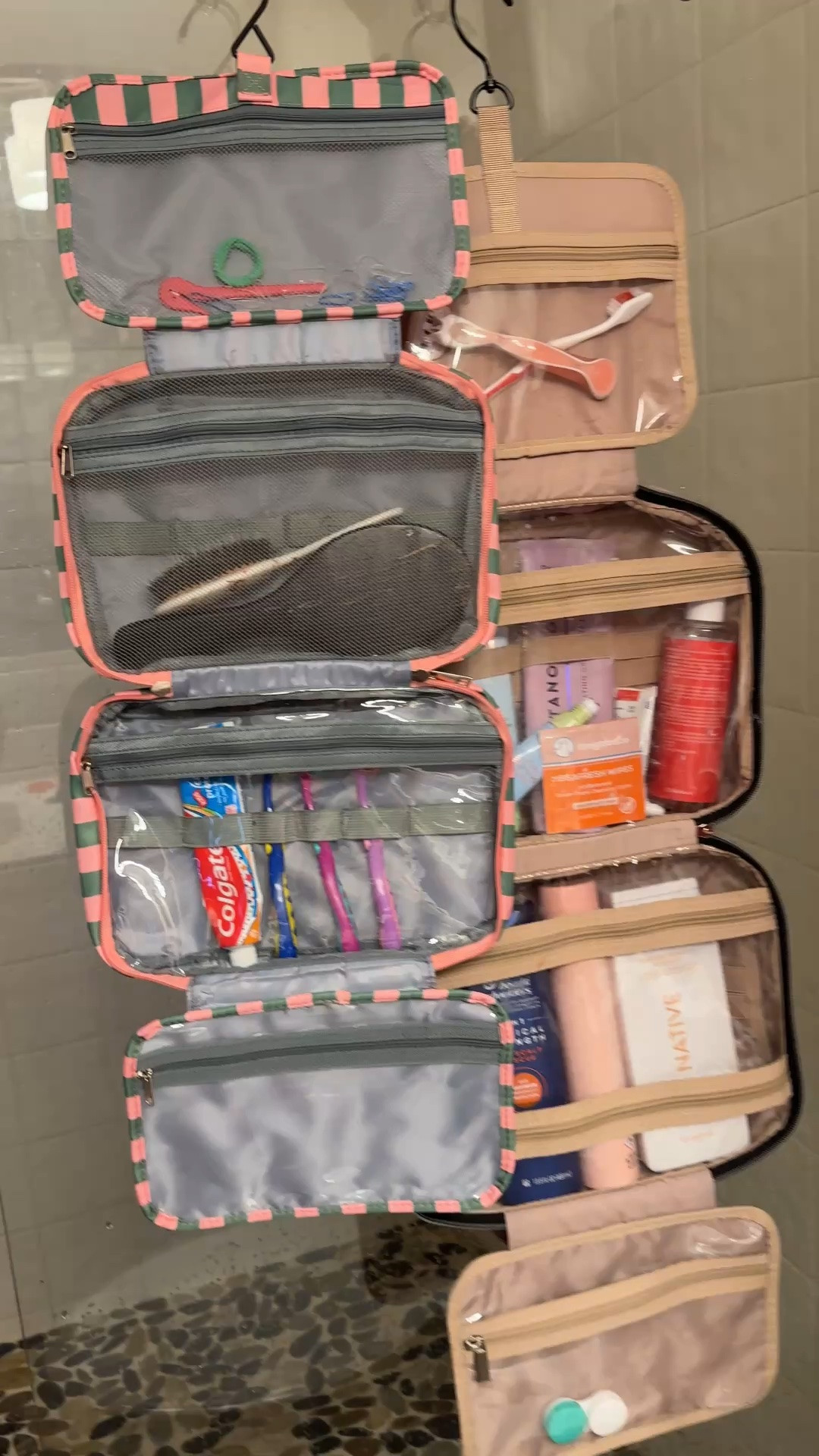 Packing up our toiletry bags & wanted to share! Headed home for our beach vacation. These travel bags are perfect to hang up & the one on the right can hold full size products!!! I’ve had mine for 3+ years and it’s all I ever travel with! Just found my kids this striped one so I don’t have to pack their bath stuff / toothpaste all separately.

#LTKTravel #LTKdayinmylife #LTKSwim