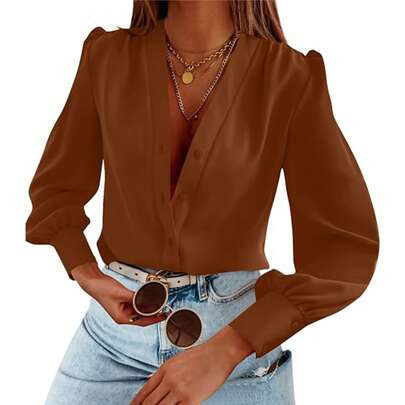 BZB Women's Business Casual Tops Summer Long Sleeve Silk Button Down Shirts V Neck Chiffon Blouses | SHEIN