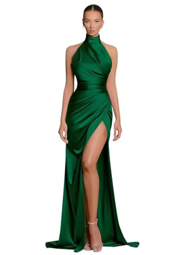 HAIGORO Satin Bridesmaid Dresses for Wedding 2025 Halter Prom Dress Ruched High Neck Formal Evening Party Gown Emerald Green | Amazon (US)
