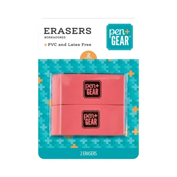 Pen+Gear Pink Eraser, 2 Count Packed in Blister Pack, Beveled Edges | Walmart (US)