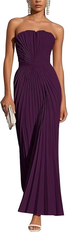Cudiew Strapless Satin Wedding Guest Dresses Pleated A Line Long Formal Evening Cocktail Dress fo... | Amazon (US)