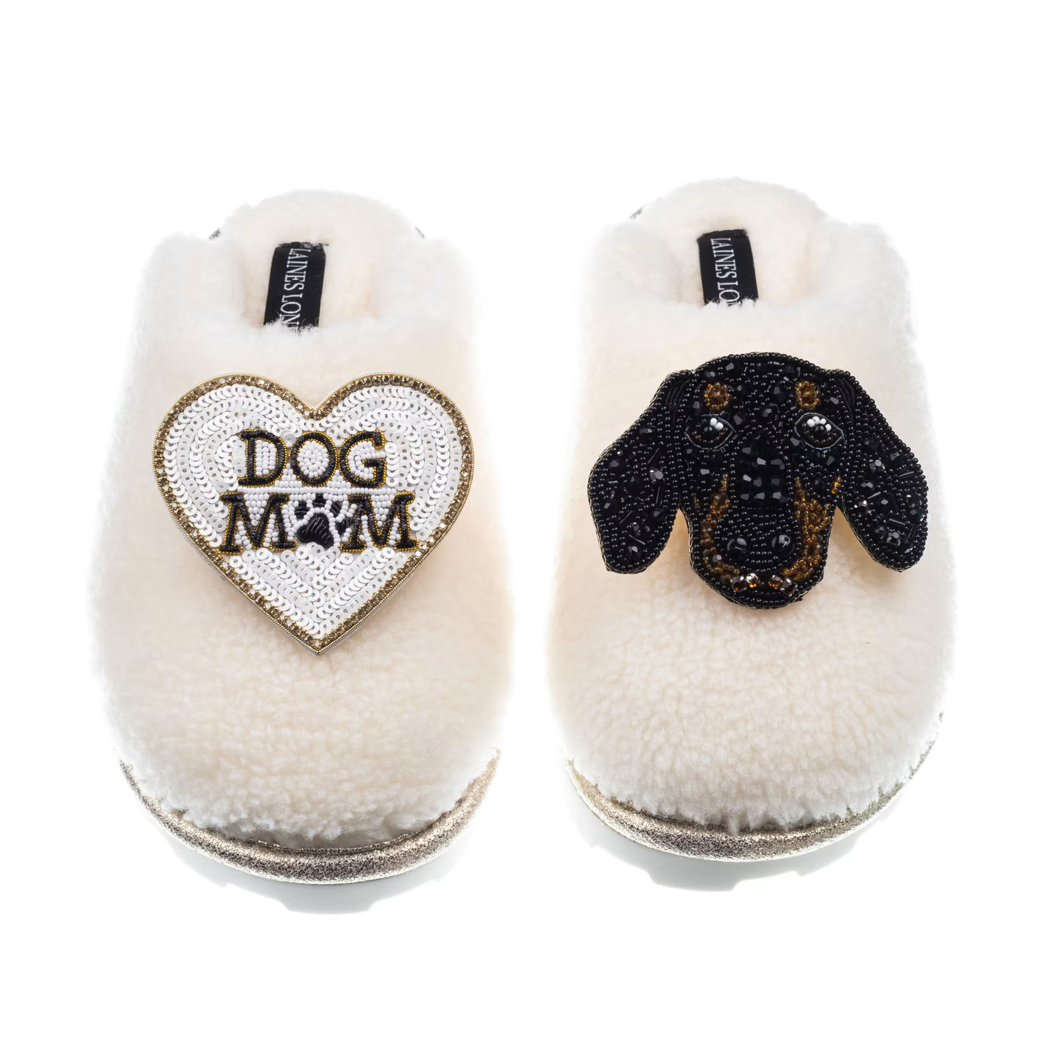 Teddy Closed Toe Slippers With Little Sausage & Dog Mum / Mom Brooches - Cream | Wolf & Badger