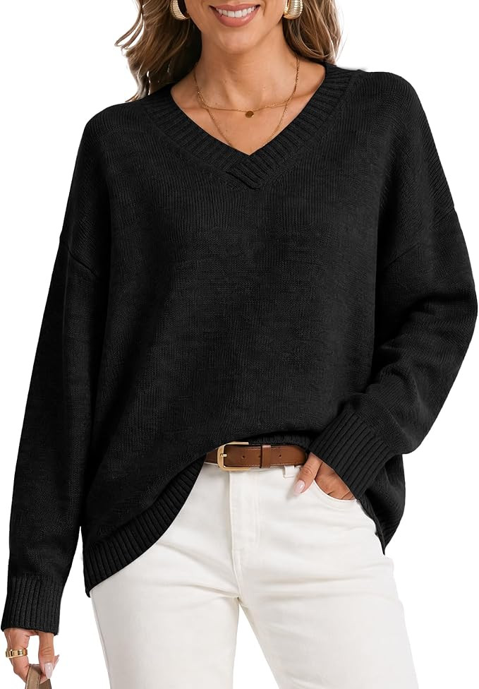 Womens Oversized Cashmere Blend V Neck Cozy Pullover Sweaters Tops | Lightweight Long Sleeve Ribb... | Amazon (US)