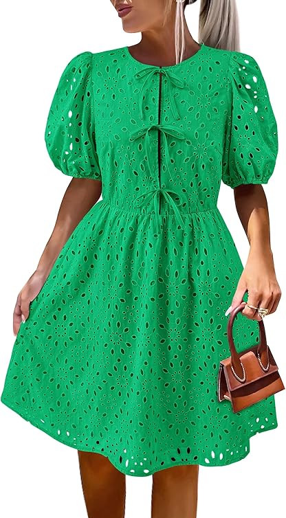KIRUNDO Womens Summer Dresses 2025 Short Puff Sleeve Tie Front Eyelet Hollow Out A Line Wedding G... | Amazon (US)