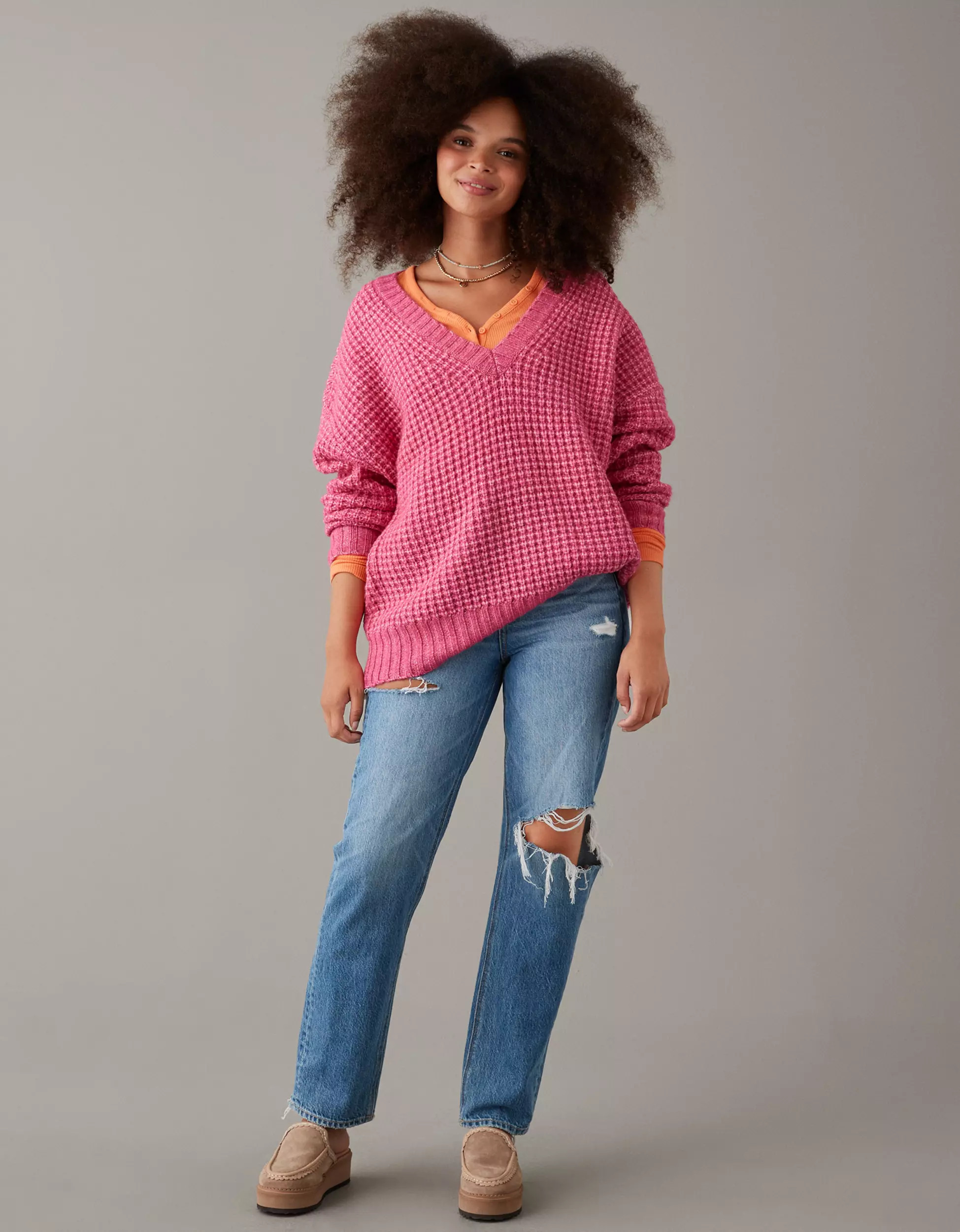 AE Whoa So Cozy Waffle V-Neck Sweater | American Eagle Outfitters (US & CA)