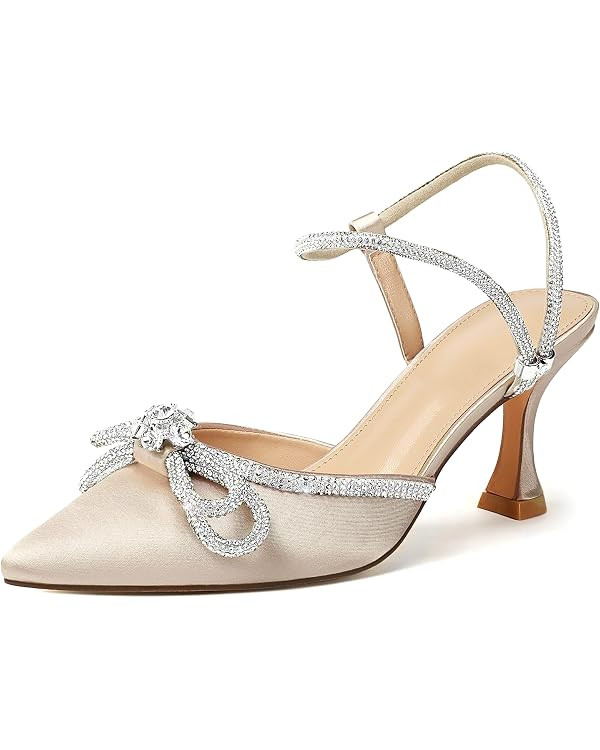 Susanny Women's Closed Toe Rhinstone Wedding Low Heel Slingback Clear Kitten Heels,Adjustable Str... | Amazon (US)
