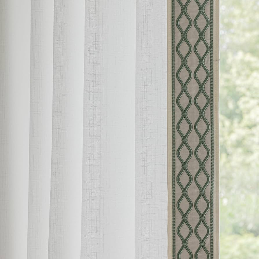 VisionaryHomeDesign White Colour Linen Curtain Panels with Embroidered Trim Design, Pinch Pleat C... | Amazon (US)