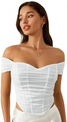 Floerns Women's Off Shoulder Short Sleeve Asymmetrical Hem Ruched Corset Crop Top | Amazon (US)