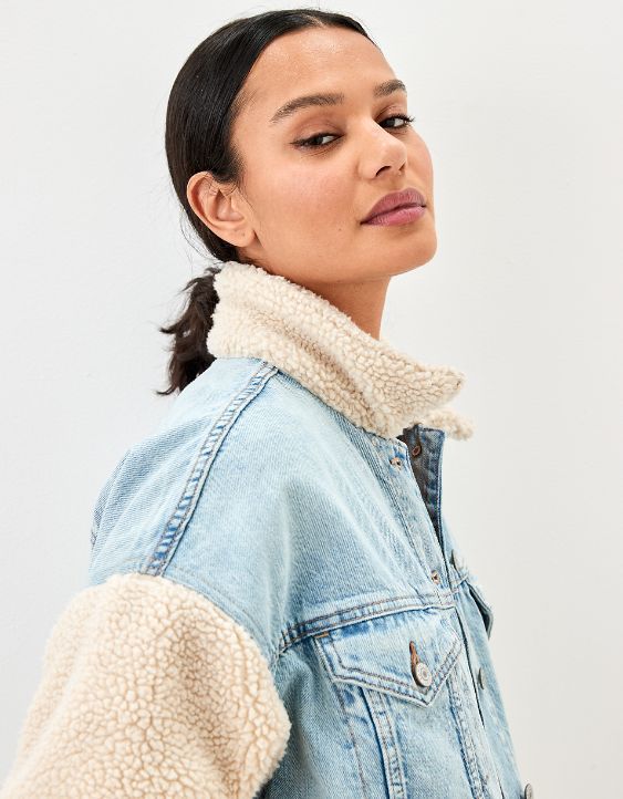 AE Sherpa-Sleeve Denim Jacket | American Eagle Outfitters (US & CA)