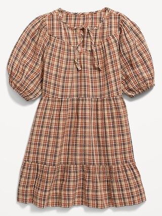 Puff-Sleeve Tiered Plaid Tie-Front Dress for Girls | Old Navy (US)