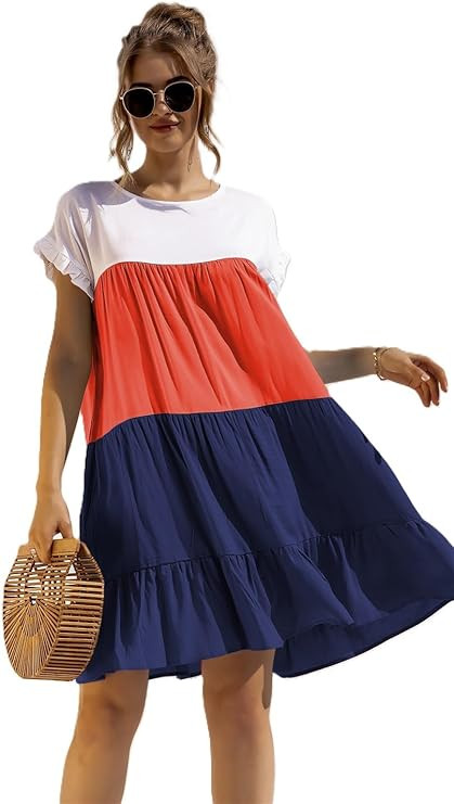 Women's Colorblock Short Sleeve Loose Fit Tiered Ruffle Pleated Baby Doll Mini Dress | Amazon (US)