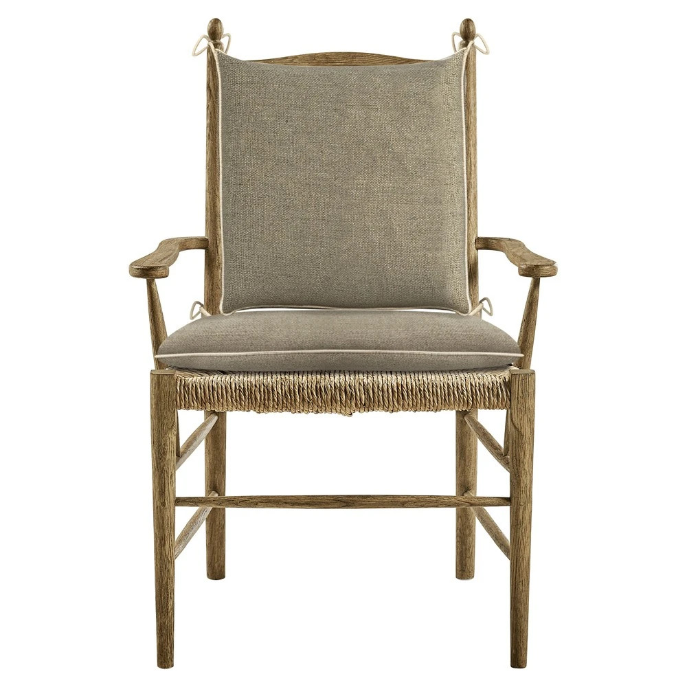 Albertine Updated Traditional Oatmeal Performance Natural Oak Dining Arm Chair | Kathy Kuo Home