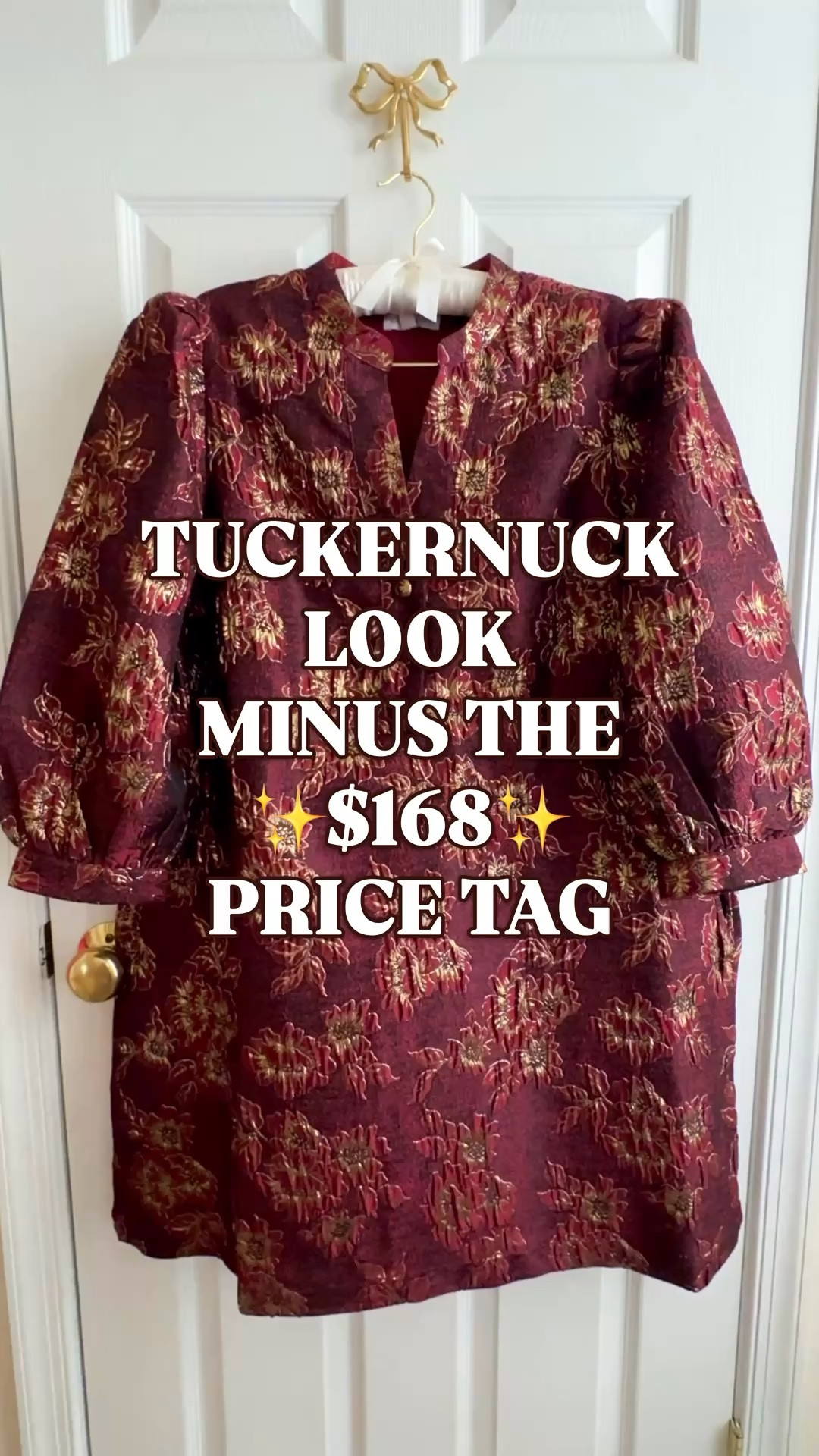 Tuckernuck look for less | fall wedding guest dress | winter wedding guest dress | jacquard holiday party dress

The $168 Tuckernuck jacquard Samantha dress look, for a fraction of the price.

The jacquard is absolutely stunning. Rich burgundy, red florals and metallic gold woven through the pattern. You can see the dimension in the fabric, and the finish is beautifully done. Truly a dress that looks so much more expensive than it is.

The covered buttons, split neckline and three quarter sleeves bring that familiar Tuckernuck look, while the classic shift silhouette keeps the focus on the fabric. If you love an elegant jacquard or brocade dress, this has the texture and detail that make those pieces so desirable.

A fall wedding guest dress now, a winter wedding guest outfit next, then your Christmas party dress. Gold heels and earrings are all it needs. This is the dress you buy for one invitation and pull out again for the next one.

I’ve linked it below for anyone who has been admiring Tuckernuck’s jacquard dresses and waiting for the look without the triple digit price tag. This is that find.

fall wedding guest dress, winter wedding guest dress, wedding guest outfit women, wedding guest dress with sleeves, holiday party dress, holiday party outfit, Christmas dress women, Christmas party dress, jacquard dress, floral jacquard dress, burgundy wedding guest dress, metallic floral dress, brocade dress, jacquard cocktail dress, cocktail dress with sleeves, Tuckernuck Samantha dress look for less, Tuckernuck inspired dress, elegant holiday outfits, affordable occasion dress, designer look for less

#LookForLess #Tuckernuck #WeddingGuestDress #HolidayPartyDress #JacquardDress #LTKWedding #LTKSeasonal #LTKParties