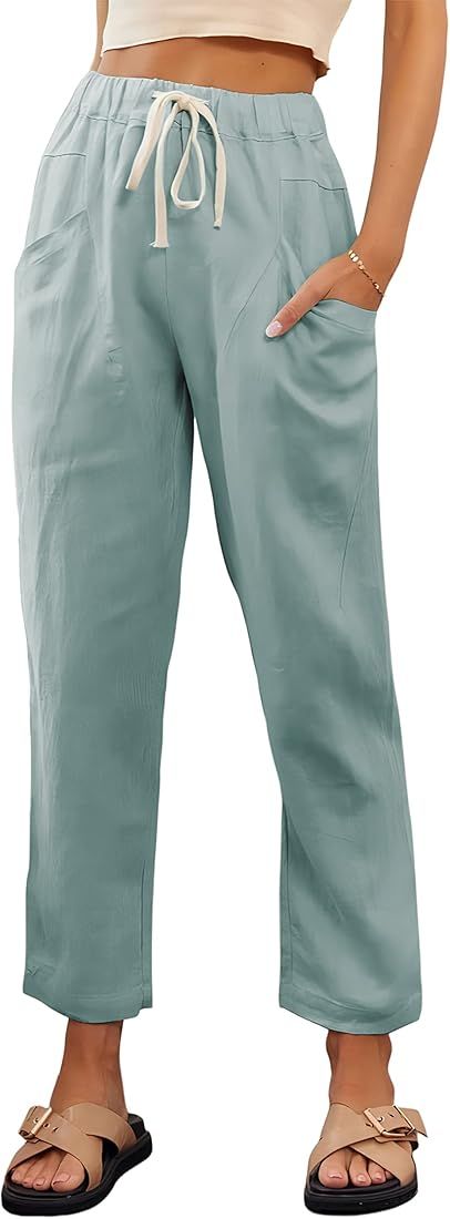 Lianlive Women's Linen Pants White Cotton Pull On Drawstring Summer Beach Pants | Amazon (US)