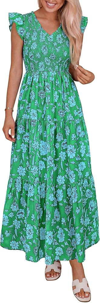 PRETTYGARDEN Women's Boho Floral Maxi Dress 2026 Summer Smocked V Neck Ruffle Sleeve Spring Flowy... | Amazon (US)