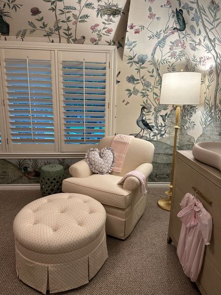 A few things I’m able to link from Madeleine’s nursery! Her chair is Schumacher and can help you shop to the trade if you would like! 🩷 linking her floor lamp and garden stool that have been perfect additions to her nursery. I especially love this lamp because it goes so well with the wallpaper and has several dimmer settings! 

#LTKBaby #LTKHome