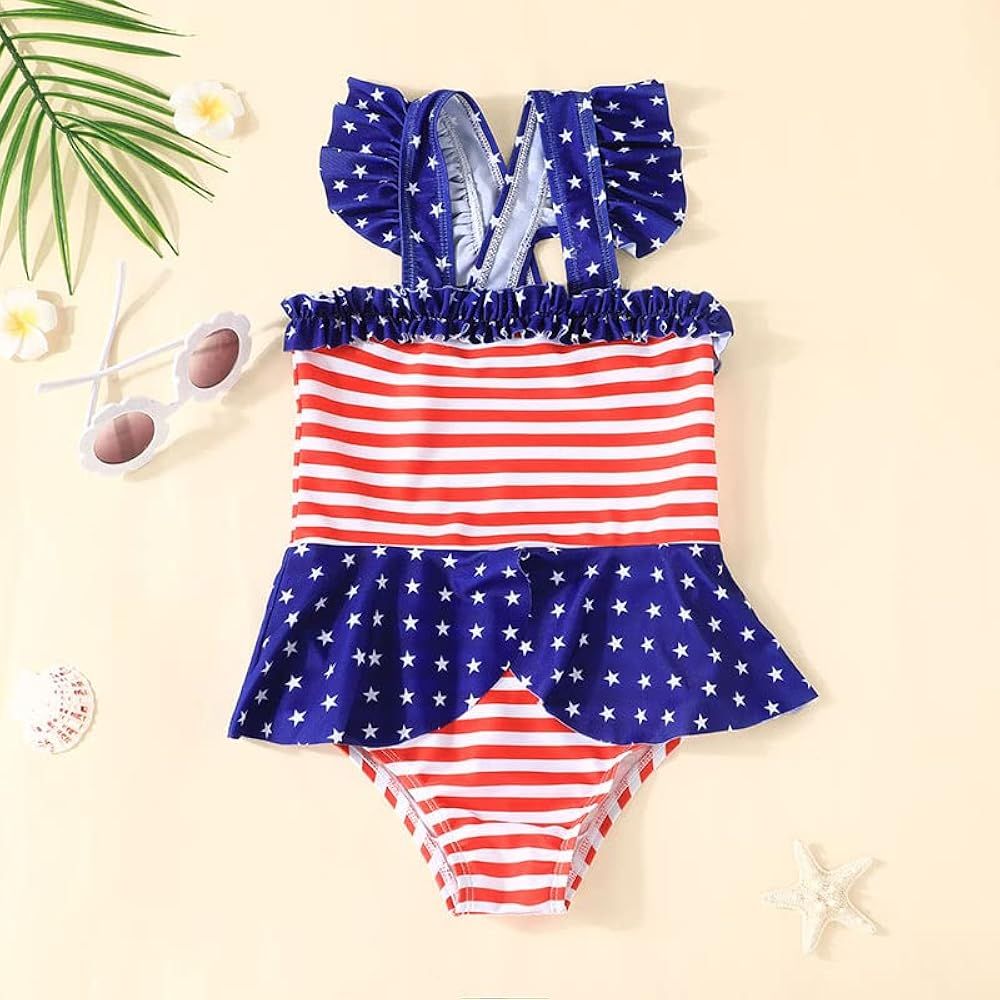 Guodeunh 4th of July Baby Girls Ruffled Swimsuit American Flag Printed Strap Beach Wear Swimwear One | Amazon (US)