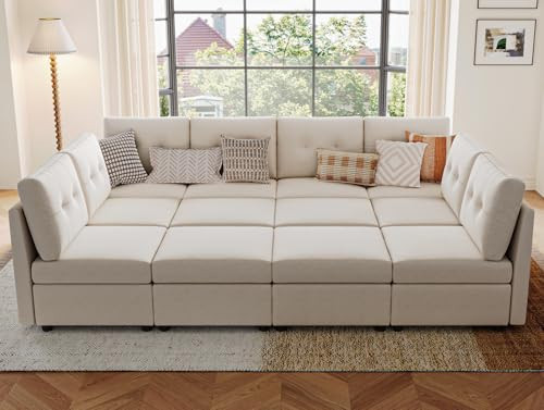 LINSY HOME Modular Sleeper Sofa - Rubik III Oversized Deep Seat Couches Bed with Storage Seats & Removable Cover, Modern Comfy 8 Seats Sofa with 4 Ottomans for Living Room Apartment Office, Beige | Amazon (US)