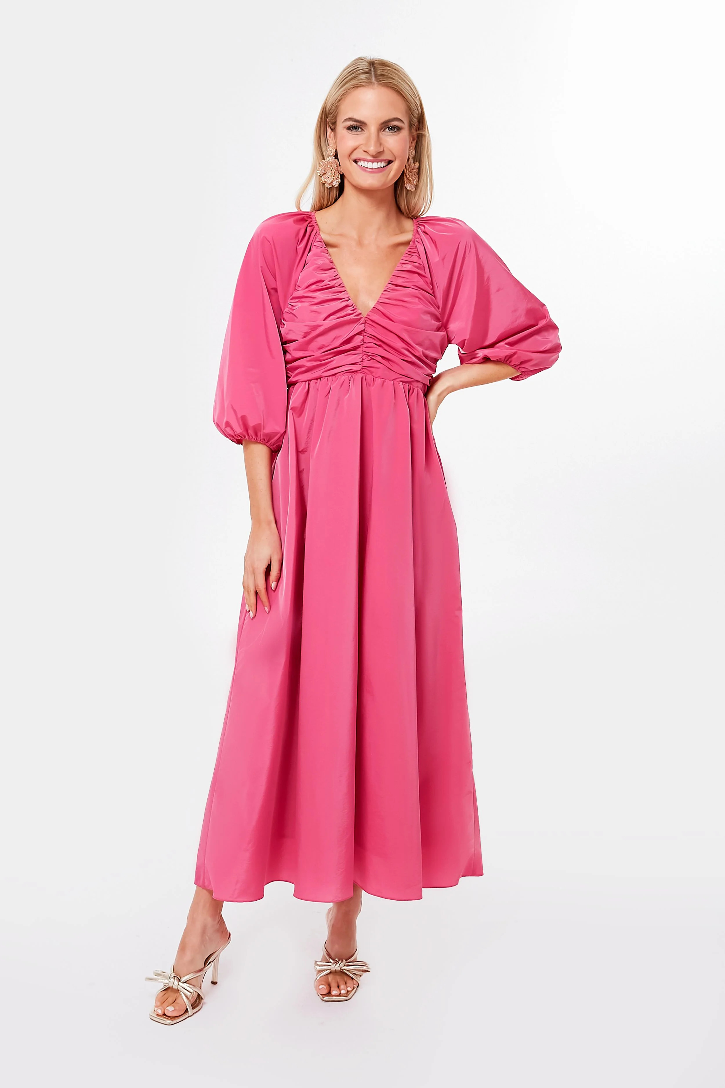 Fuchsia Ruched V-Neck Gia Maxi Dress | Tuckernuck (US)